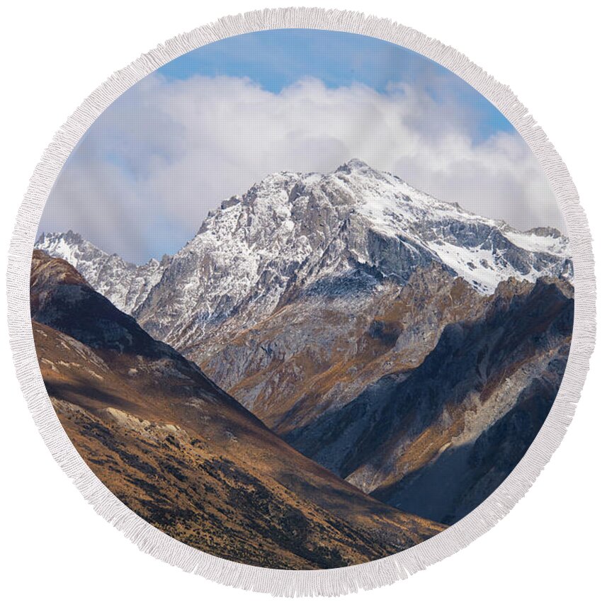 Glenorchy Round Beach Towel featuring the photograph Snow Topped Mountain Peak from Glenorchy Valley by Bob Phillips