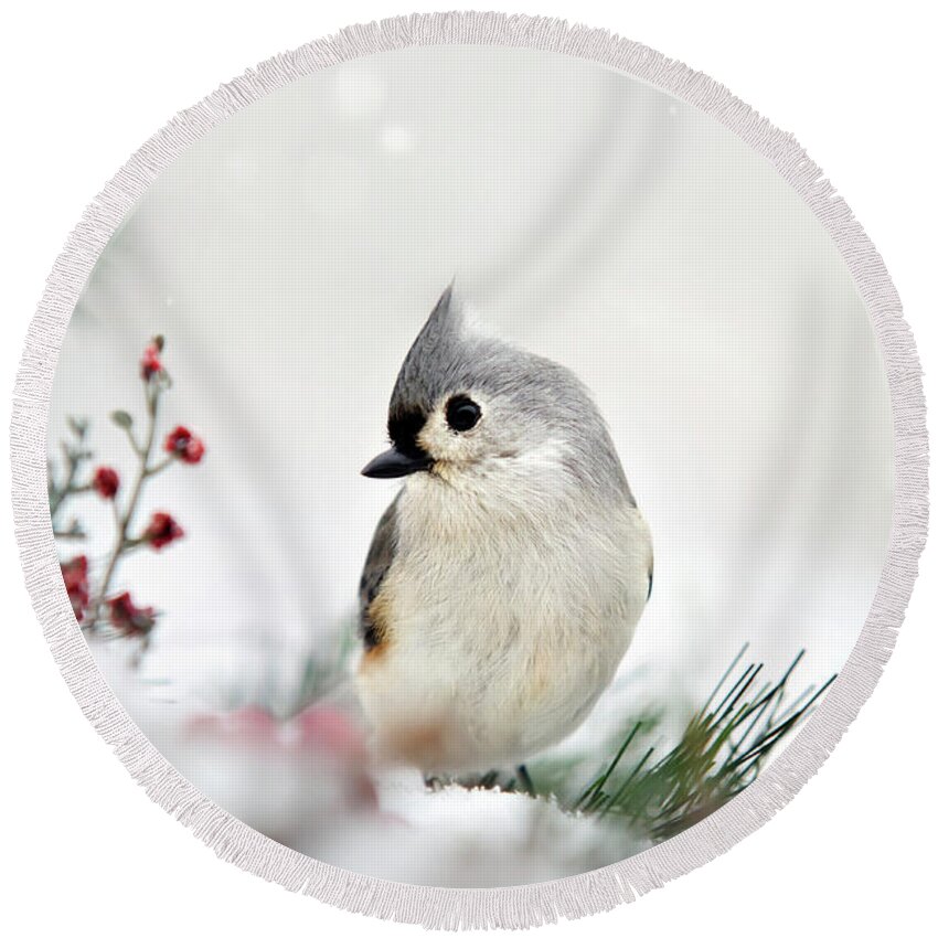 Birds Round Beach Towel featuring the photograph Snow White Tufted Titmouse by Christina Rollo