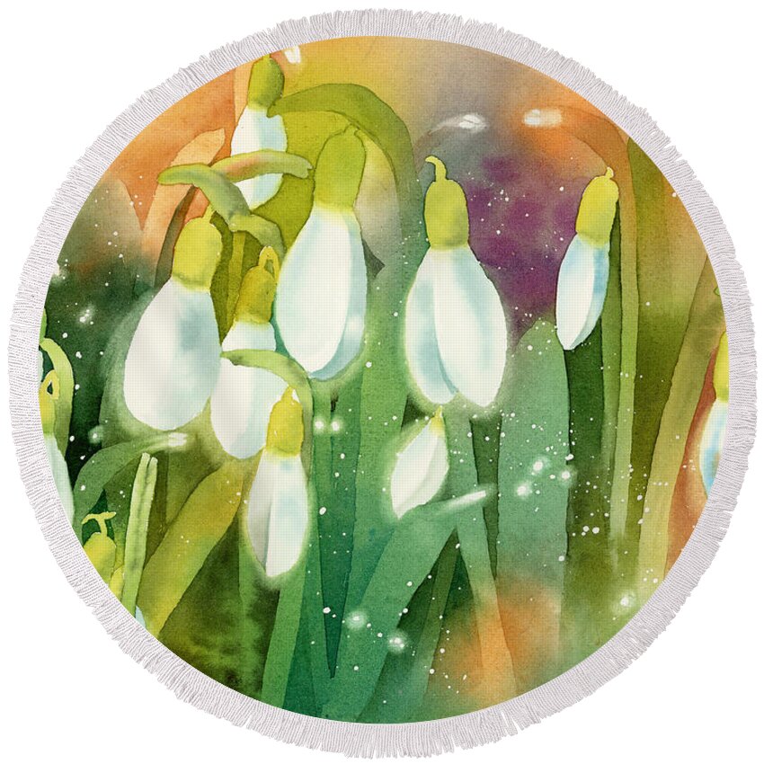 Snowdrops Round Beach Towel featuring the painting Snowdrops - Magical Lanterns by Espero Art