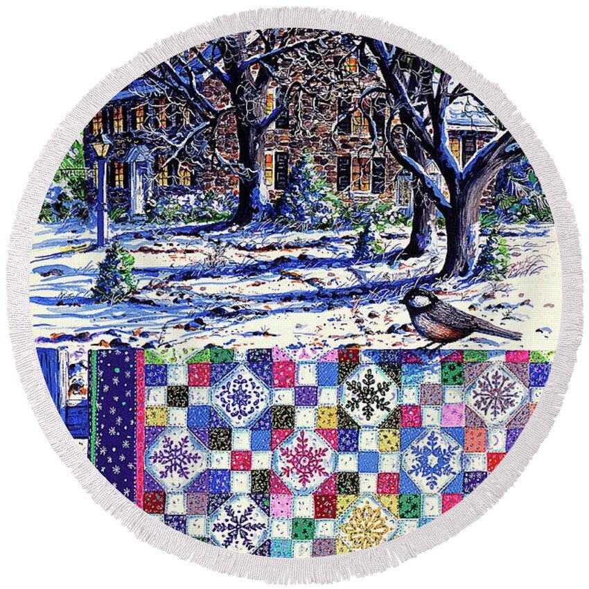 Winter Round Beach Towel featuring the painting Snowflakes and Snowballs by Diane Phalen