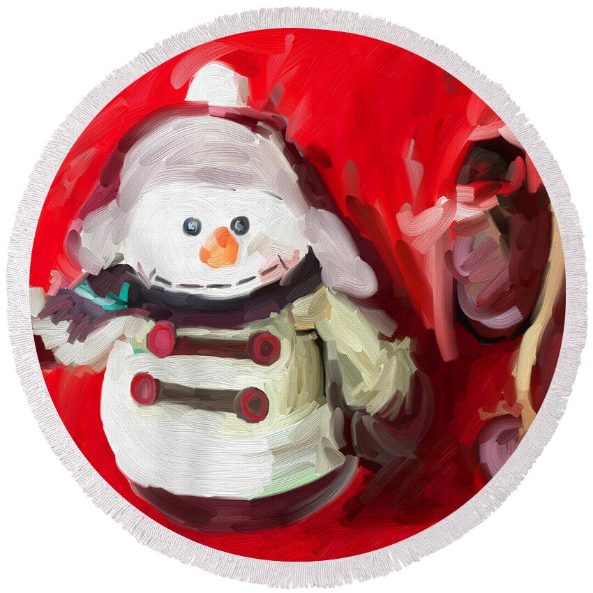 Snowman Ornament Christmas Doll Round Beach Towel featuring the digital art Snowman Ornament Christmas Doll by Patricia Awapara