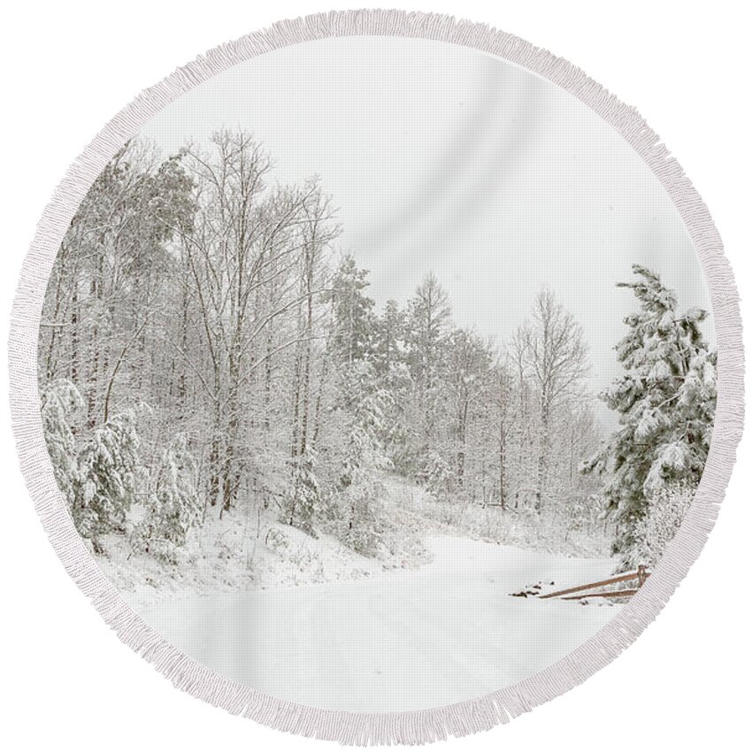 Fence Round Beach Towel featuring the photograph Snowy Country Road by Joni Eskridge