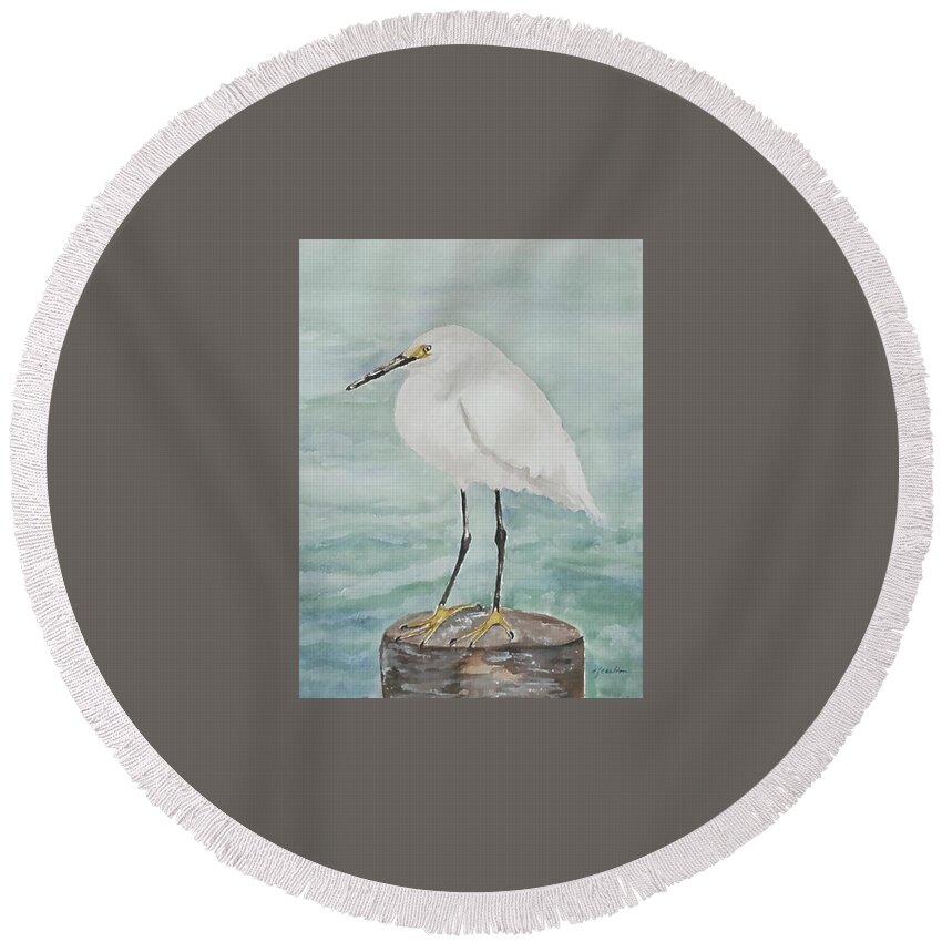 White Bird Round Beach Towel featuring the painting Snowy Egret by Claudette Carlton