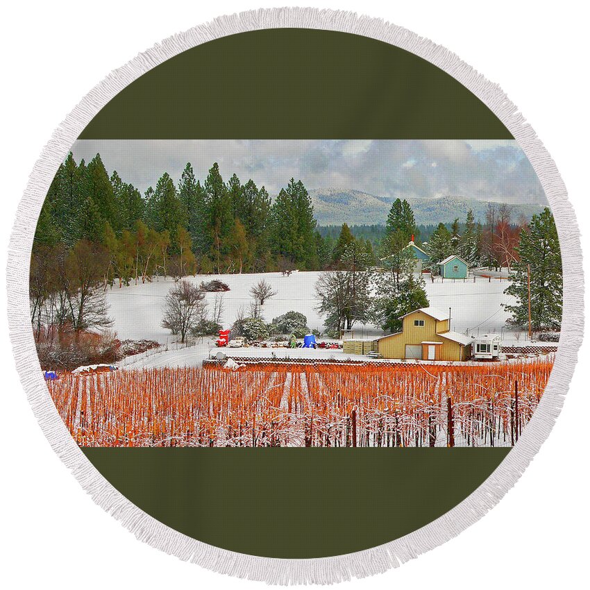 Snow Round Beach Towel featuring the photograph Snowy Farm by Beverly Read
