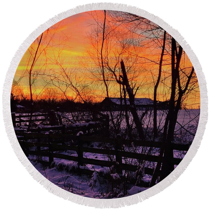 Snow Round Beach Towel featuring the photograph Snowy Farm Sunset by Ally White