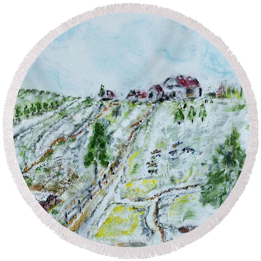  Round Beach Towel featuring the painting Snowy Farmland by David McCready