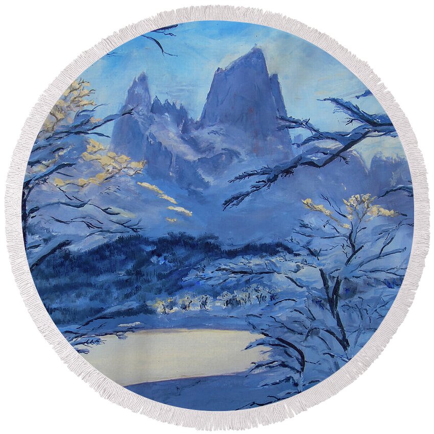 Fitz Roy Round Beach Towel featuring the painting Snowy Fitz Roy by Silvana Miroslava Albano