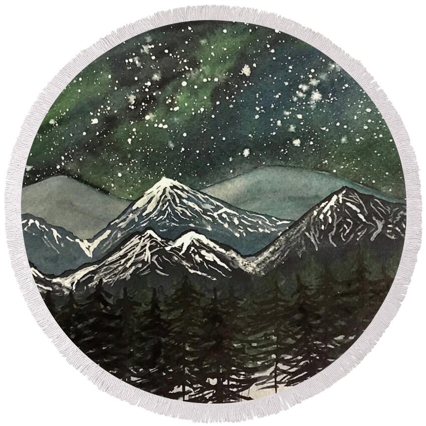 Snowy Mountains Round Beach Towel featuring the painting Snowy Mountains with Aurora by Lisa Neuman