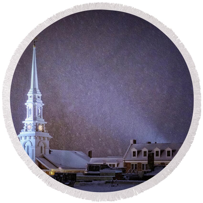 New Hampshire Round Beach Towel featuring the photograph Snowy Night, North Church. by Jeff Sinon