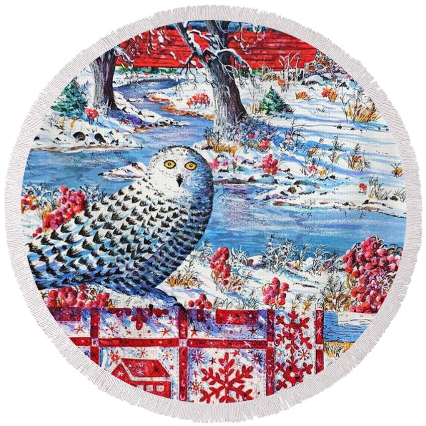 Winter Scene Of Covered Bridge And Snowy Owl With Red Covered Bridge And Snowflake Quilt. Round Beach Towel featuring the painting Snowy Owl Visitor by Diane Phalen