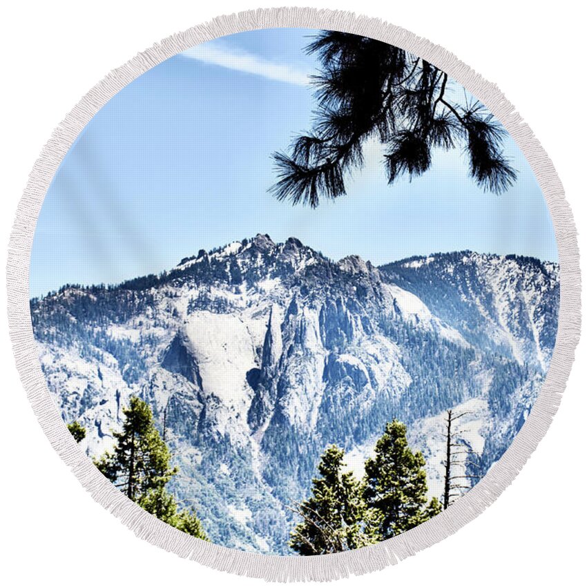 Snowy Peaks Of Sierra Nevada Mountains In Sequoia National Park Round Beach Towel featuring the photograph Snowy Peaks of Sierra Nevada in Sequoia National Park, California by Ruth Hager