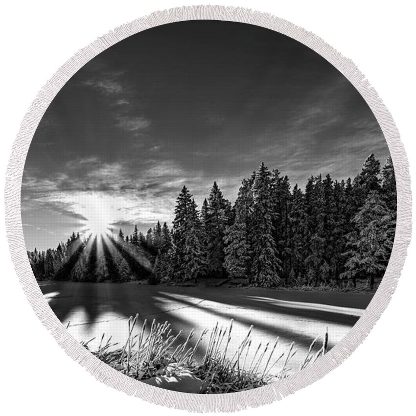 Cypress Hills Round Beach Towel featuring the photograph Snowy Sunset by Darcy Dietrich
