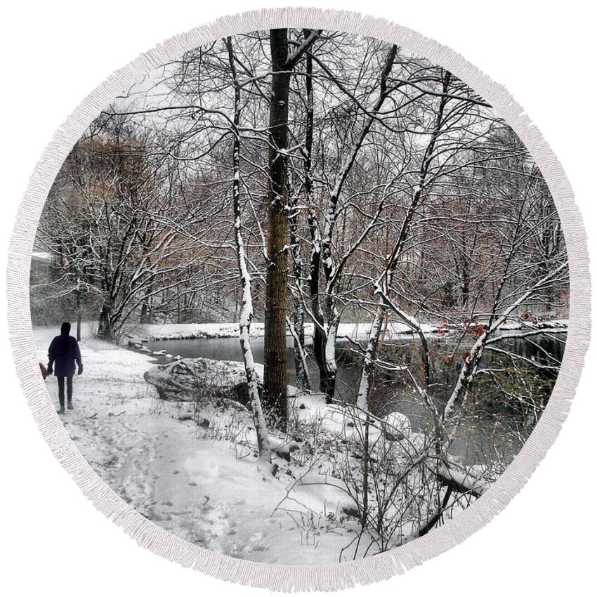 Snow Round Beach Towel featuring the photograph Snowy Walk by the Pond by Russel Considine