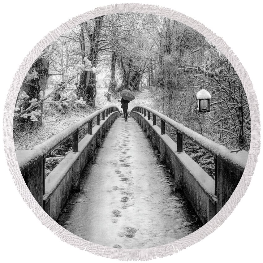 Bridge Round Beach Towel featuring the photograph Snowy Walk in Black and White by Debra and Dave Vanderlaan
