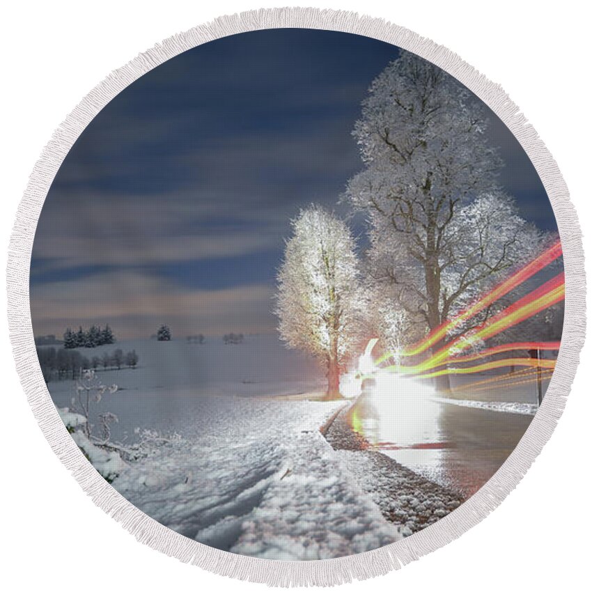 Winter Round Beach Towel featuring the photograph Snowy winter wonderland by Andrew Lalchan