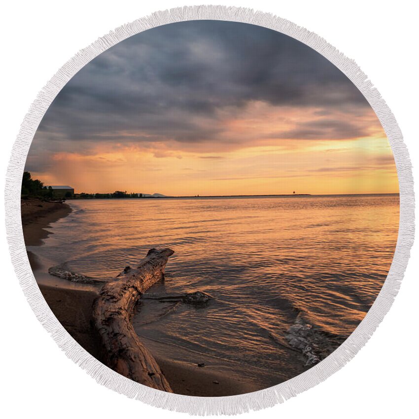 Sunset Round Beach Towel featuring the photograph Soft Sunset on Lake Superior Beach by Sandra J's