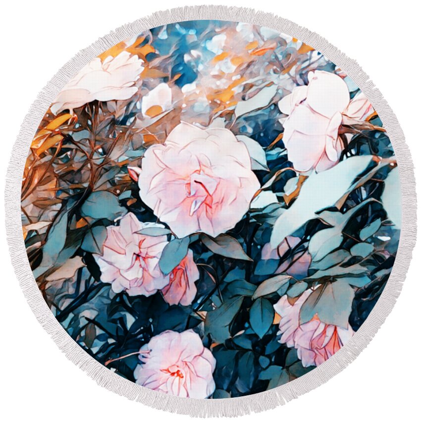 Soft Pink Roses Round Beach Towel featuring the digital art Softly Speaks These Roses by Pamela Smale Williams
