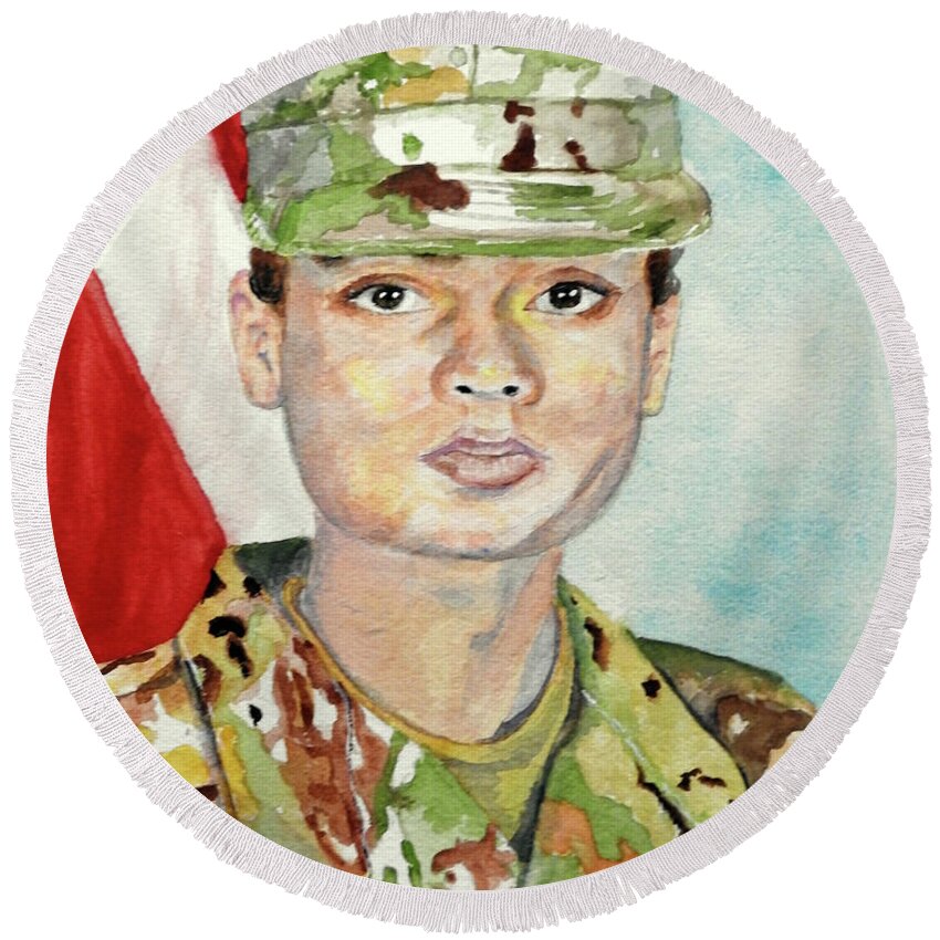 Soldier Round Beach Towel featuring the painting Soldier by Barbara F Johnson