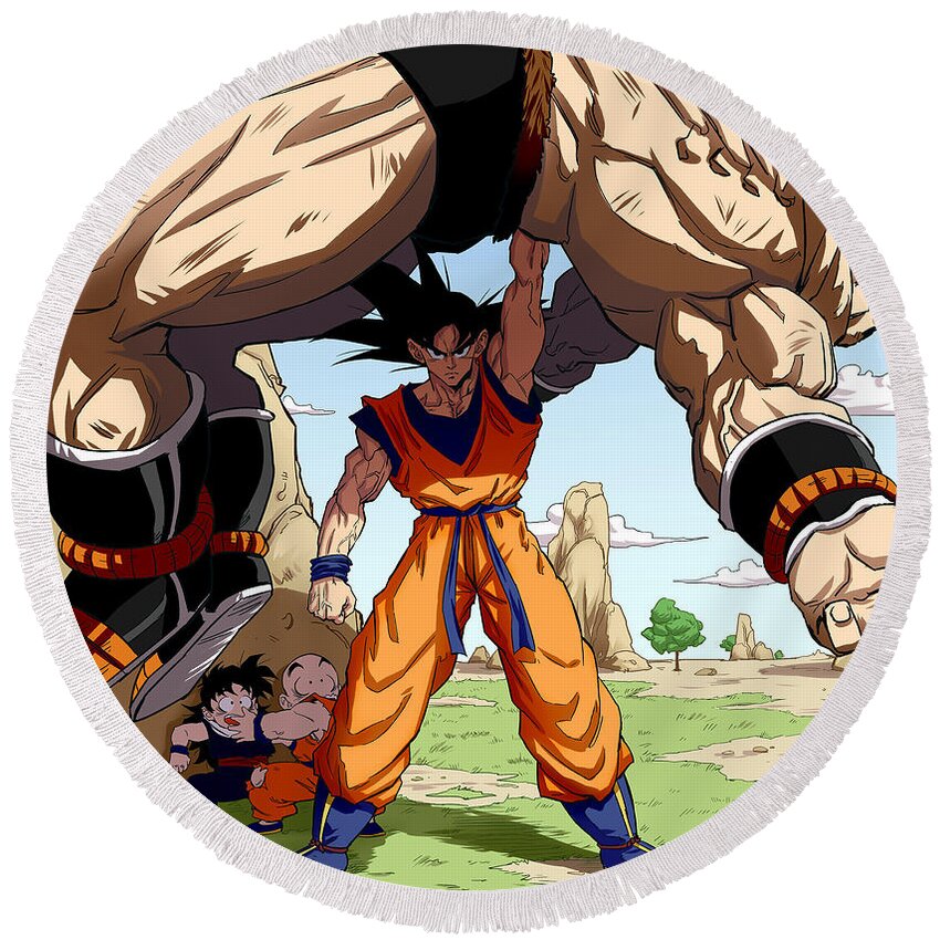 Goku Round Beach Towel featuring the digital art Son Goku vs Nappa - Final Strike by Darko B