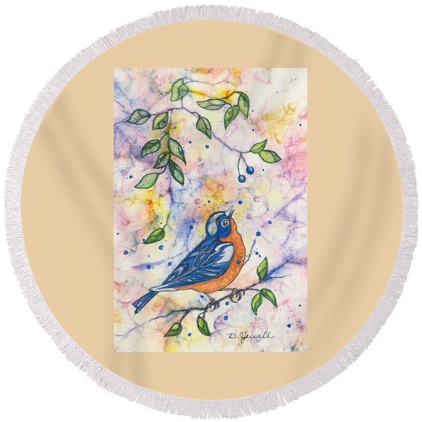 Bluebird Round Beach Towel featuring the painting Song of Spring by Barbara Jewell