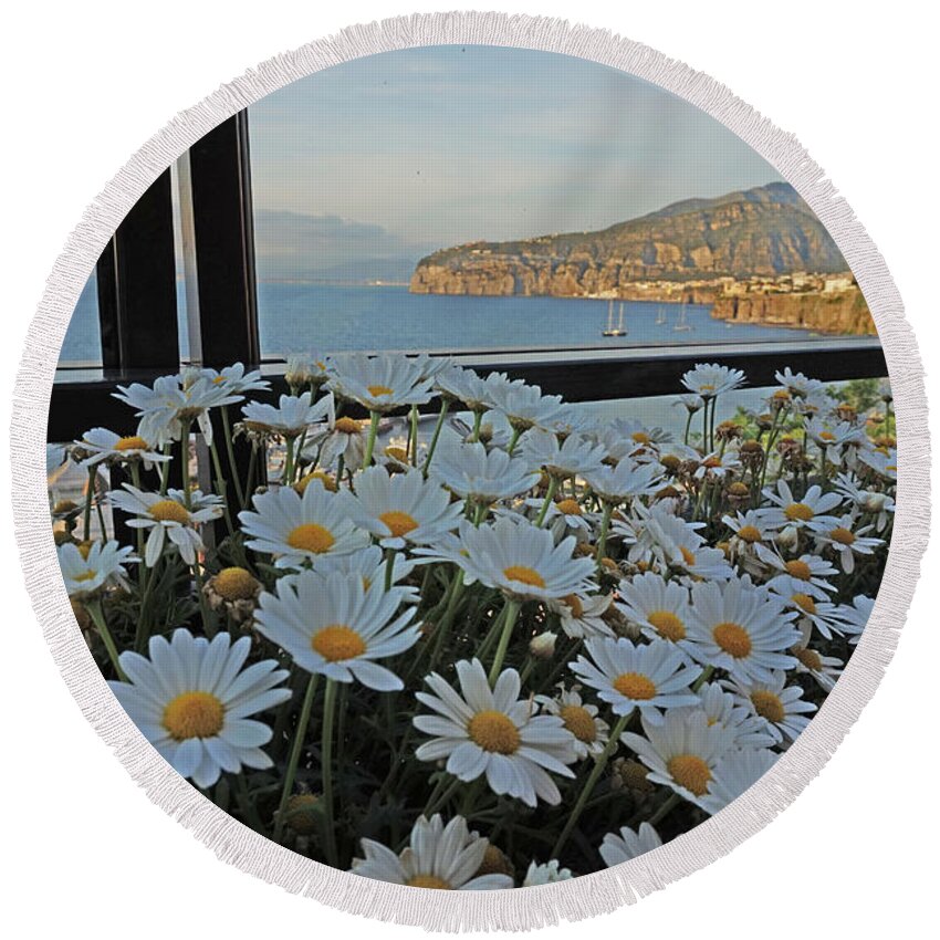 Sorrento Round Beach Towel featuring the photograph Sorrento - View with Flowers by Yvonne Jasinski
