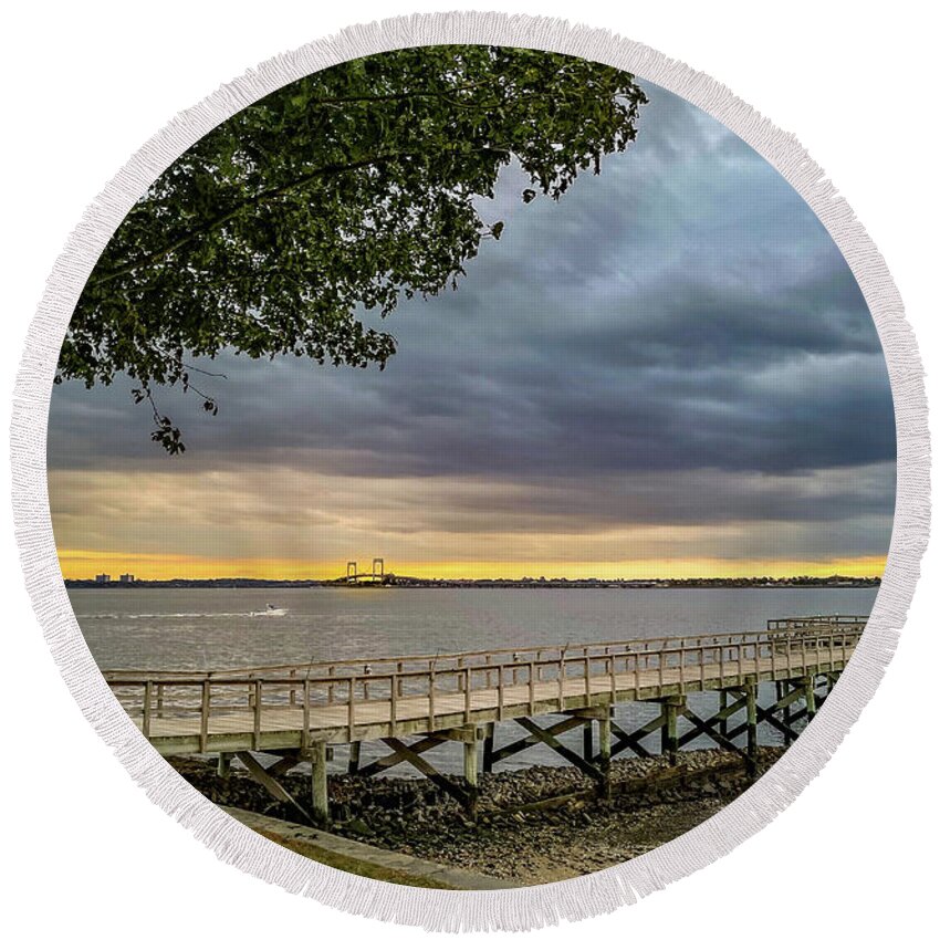 Tree Round Beach Towel featuring the photograph Sound View at Sunset by Frank Mari
