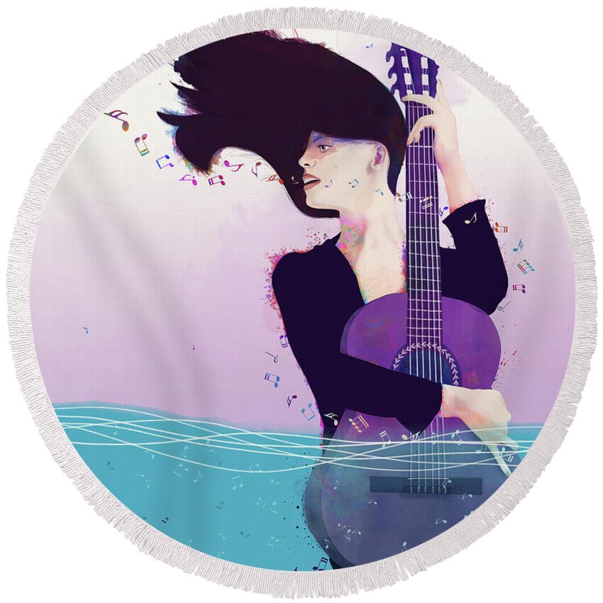 Guitar Round Beach Towel featuring the digital art Sound Waves by Nikki Marie Smith