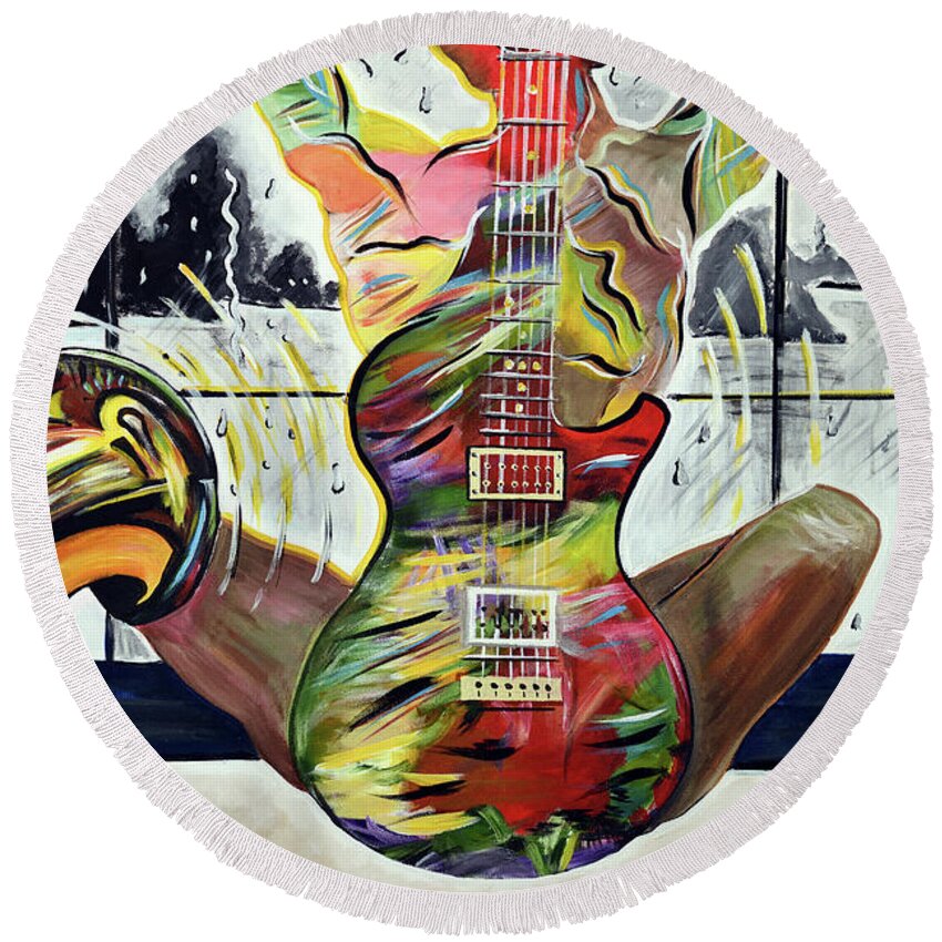 Saxophone Round Beach Towel featuring the painting Sounds of Her Body by Chiquita Howard-Bostic