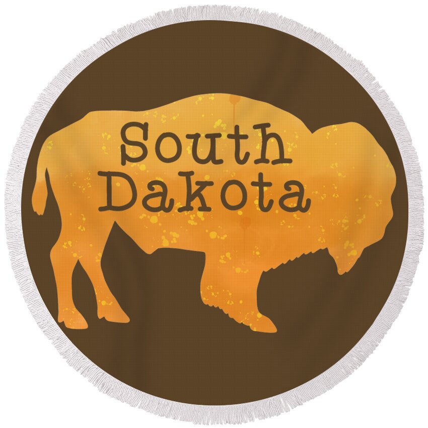 South Dakota Round Beach Towel featuring the digital art South Dakota Buffalo Watercolor Art Print by Aaron Geraud