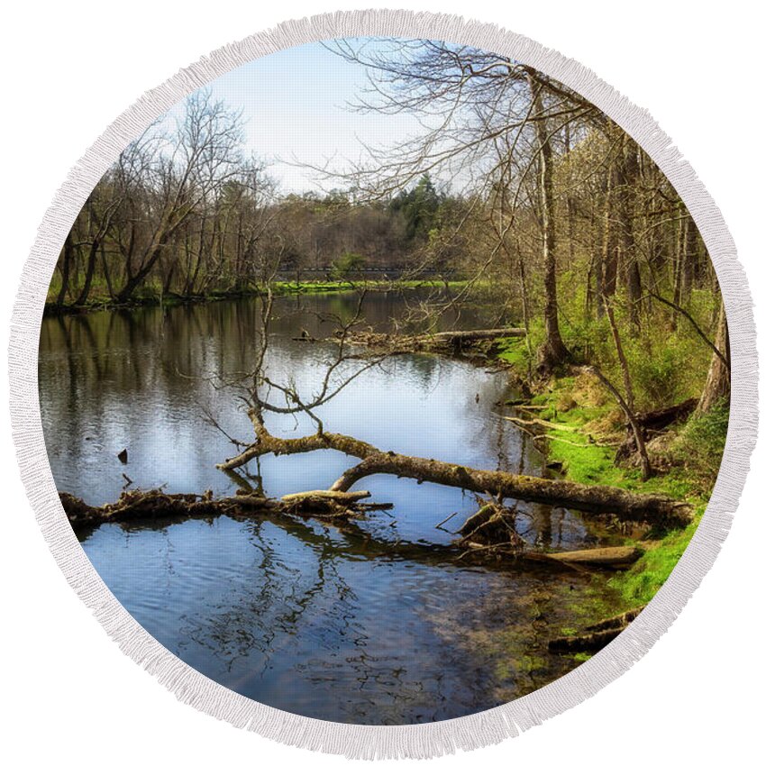 River; Reflection; South Holston; Tennesseee; Northeast Tennessee; Spring; Springtime; Green; Blue; Grass; Tree; Trees; Reflections; Cloud; Clouds; Water; Stream; Tributary; Rock; Rocks; Outdoor Photography Round Beach Towel featuring the photograph South Holston River by Shelia Hunt