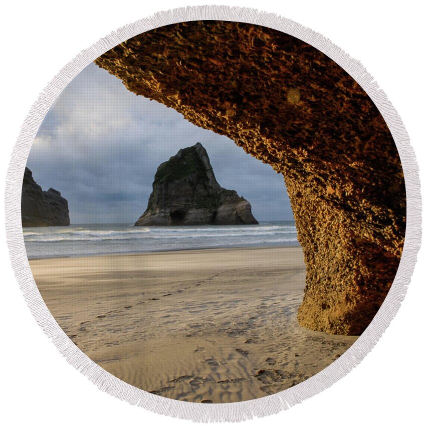 Wharariki Beach Round Beach Towel featuring the photograph Castles Of Sand - Farewell Spit, South Island. New Zealand by Earth And Spirit