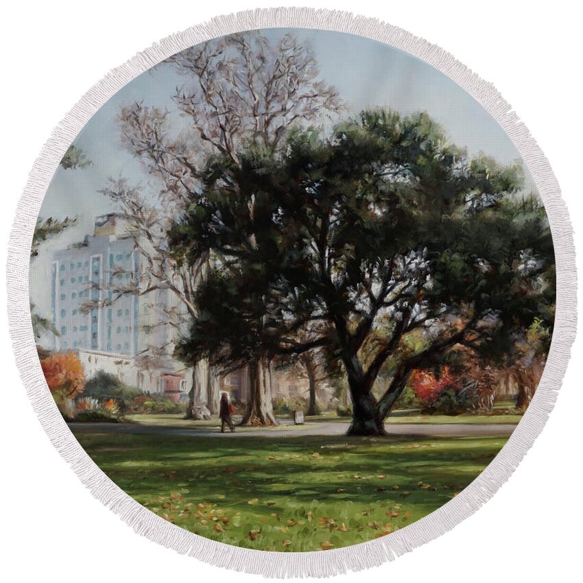 Southampton Round Beach Towel featuring the painting Southampton East Park in autumn by Martin Davey