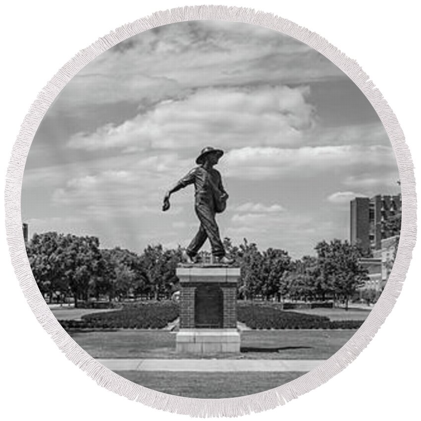Sower Statue Round Beach Towel featuring the photograph Sower Statue on the campus of the University of Oklahoma in panoramic black and white by Eldon McGraw
