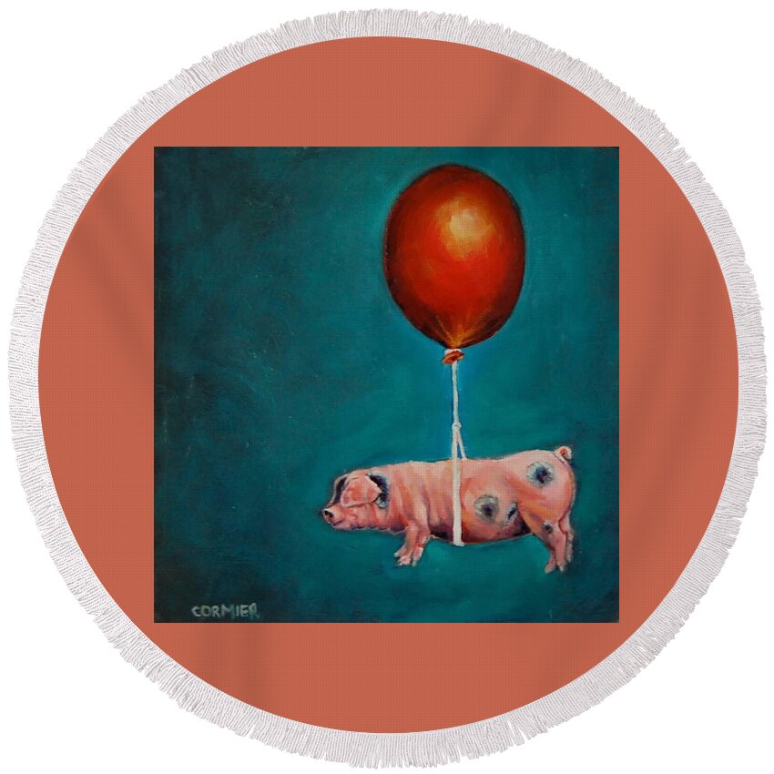 Balloon Round Beach Towel featuring the painting Space Pork by Jean Cormier