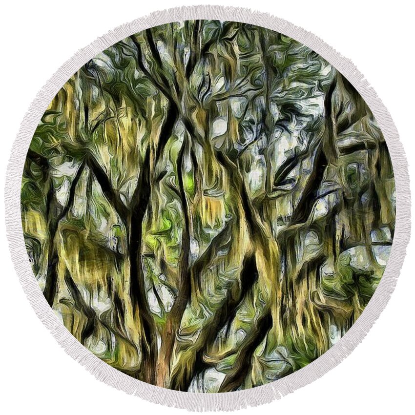 Spanish Moss Round Beach Towel featuring the photograph Spanish Moss Two - Swirly and Golden by Sea Change Vibes