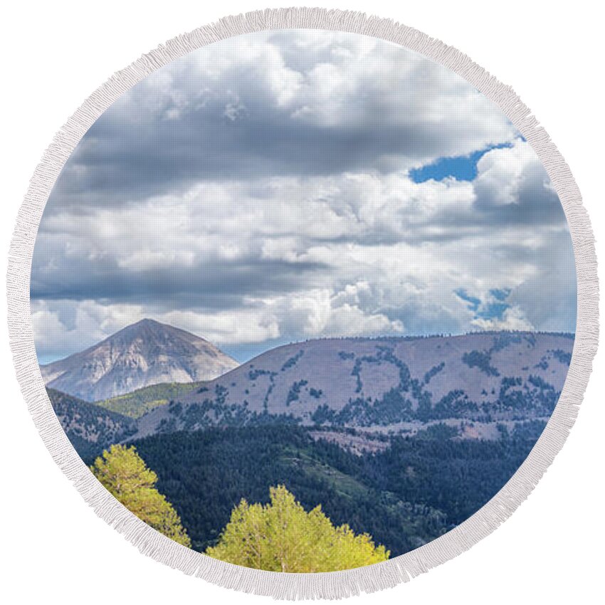 Beauty In The Sky Round Beach Towel featuring the photograph Spanish Peaks Country Colorado Panorama by Debra Martz