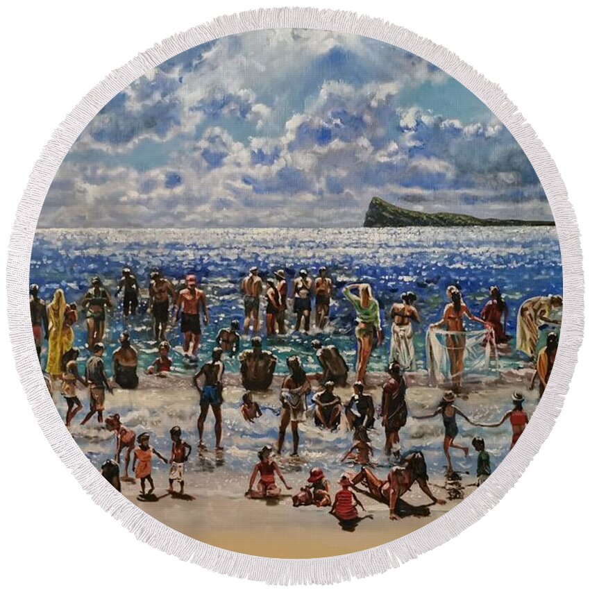 Beach Scene Round Beach Towel featuring the painting Sparkling island in the sun by Raouf Oderuth