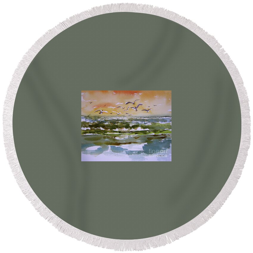 Watercolor Paintings Of Sparkling Waves Round Beach Towel featuring the painting Sparkling surf by Julianne Felton