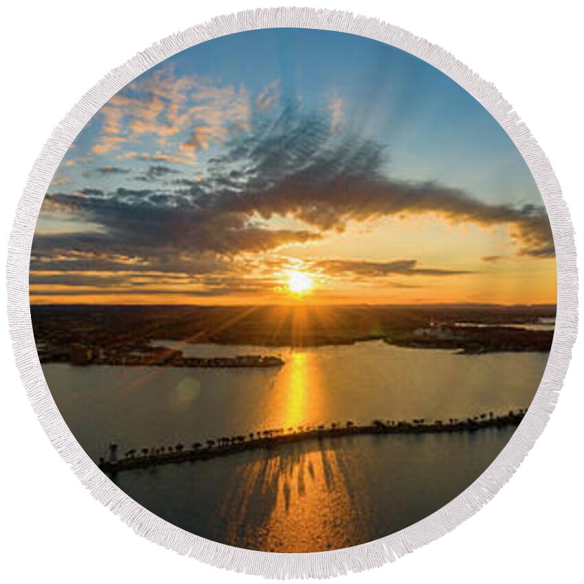 Horseshoe Bay Texas Round Beach Towel featuring the photograph Spectacular aerial panorama sunset view of the Horseshoe Bay Lighthouse peninsula over Lake LBJ by Dan Herron