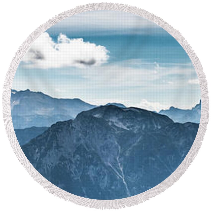 Austria Round Beach Towel featuring the photograph Spectacular Mountain Dachstein With Glacier In The Alps Of Austria by Andreas Berthold