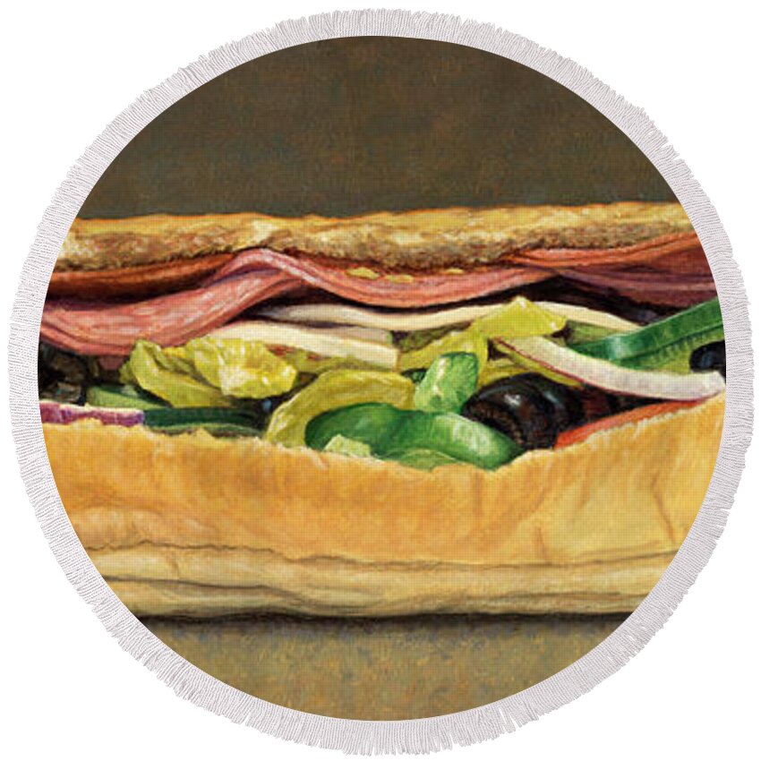 Sandwich Round Beach Towel featuring the painting Spicy Italian by James W Johnson
