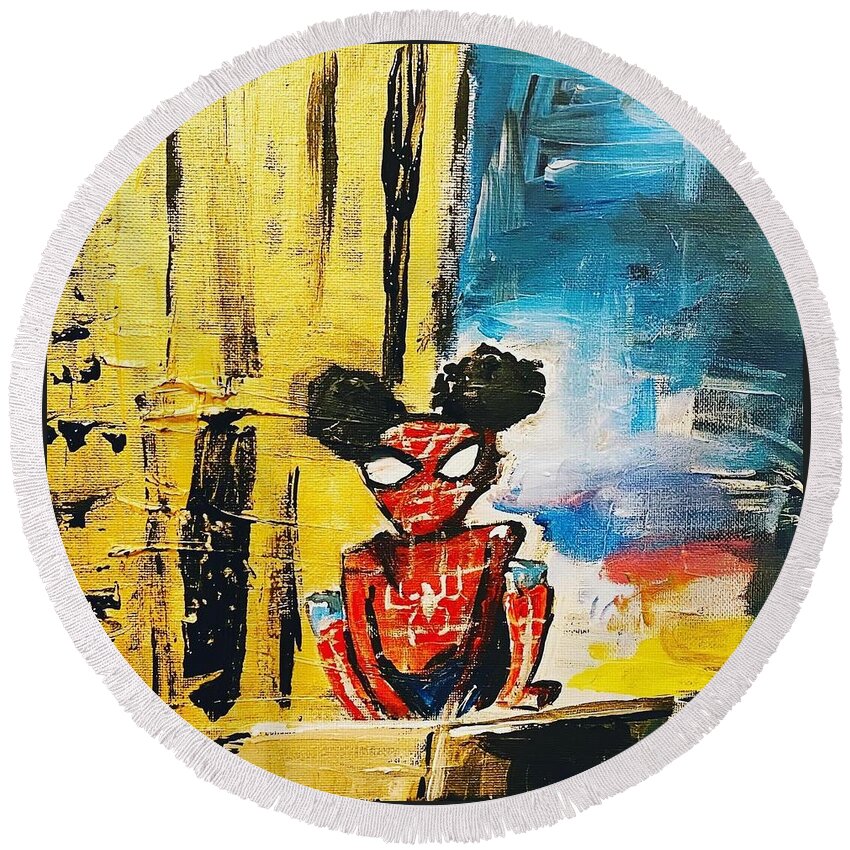 Fun Love Girl Black Girl Art Collector Happy Viral Happy Color Round Beach Towel featuring the painting Spider Girl by Shemika Bussey