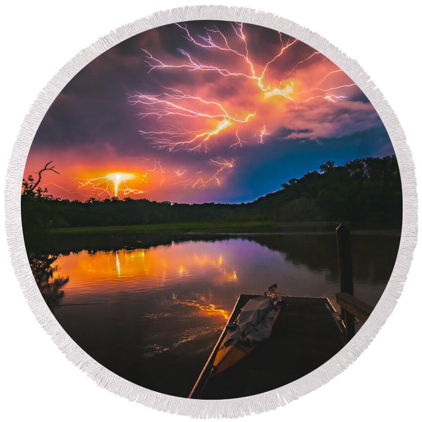 Spider Lightning Round Beach Towel featuring the photograph Spider Lightning Reflected on Little Hunting Creek at Night by Jeff at JSJ Photography