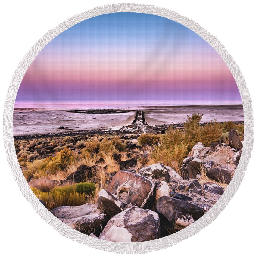 Spiral Jetty Round Beach Towel featuring the photograph Spiral Dawn by Bryan Carter