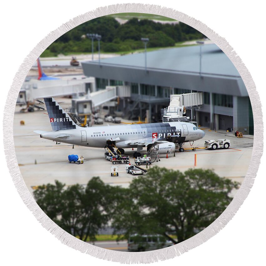 Airbus Round Beach Towel featuring the mixed media Spirit Airbus A319 at Tampa by Custom Aviation Art