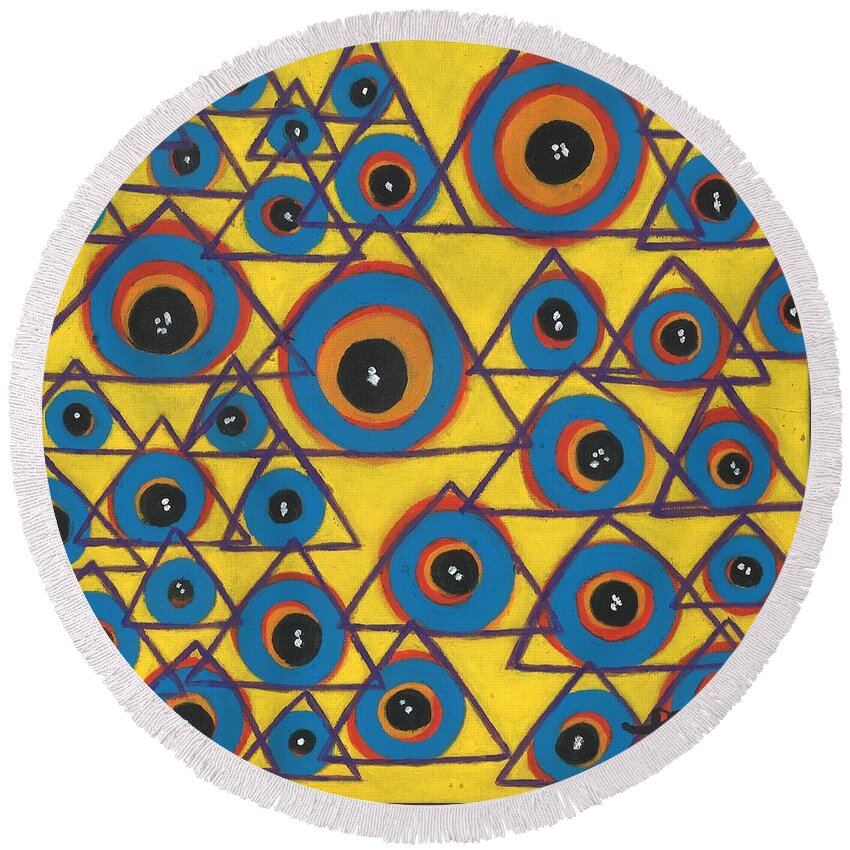 Yellow Round Beach Towel featuring the painting Spirit Guides by Esoteric Gardens KN