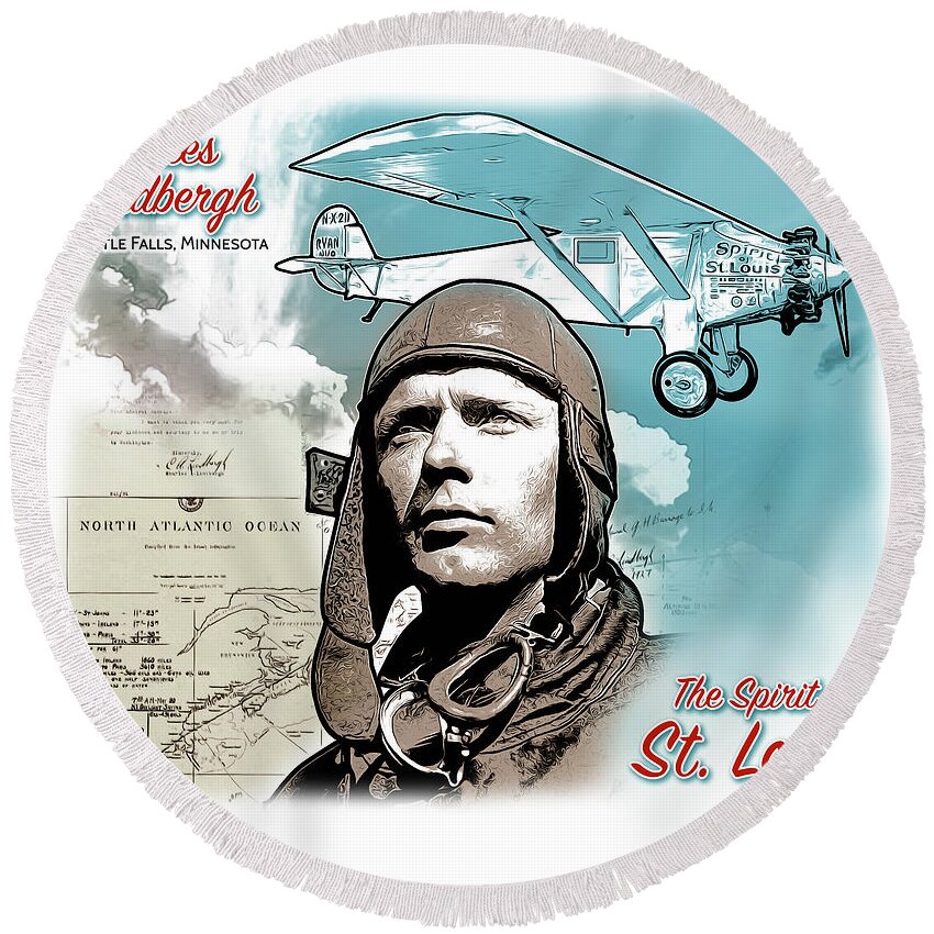 Charles Lindbergh Round Beach Towel featuring the drawing Spirit of St Louis by Greg Joens