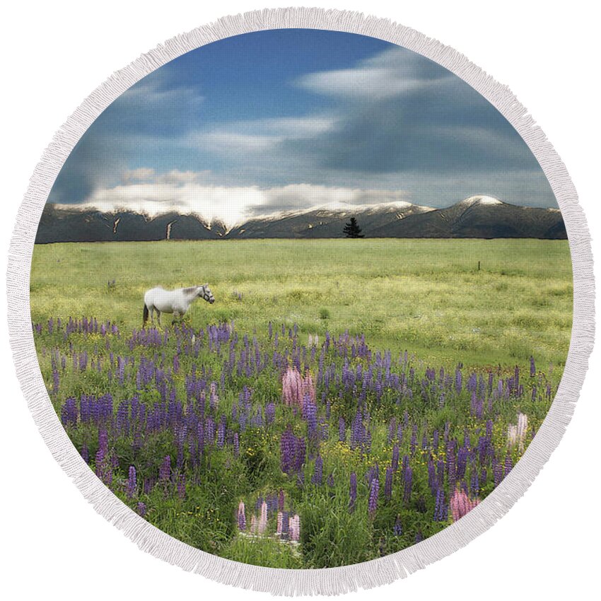 Pony Round Beach Towel featuring the photograph Spirit Pony in High Country Lupine Field by Wayne King