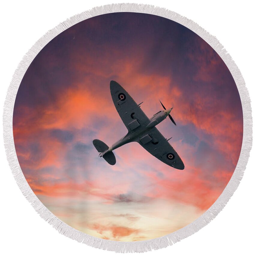 Eastbourne International Airshow Round Beach Towel featuring the photograph Spitfire flying at sunset by Andrew Lalchan