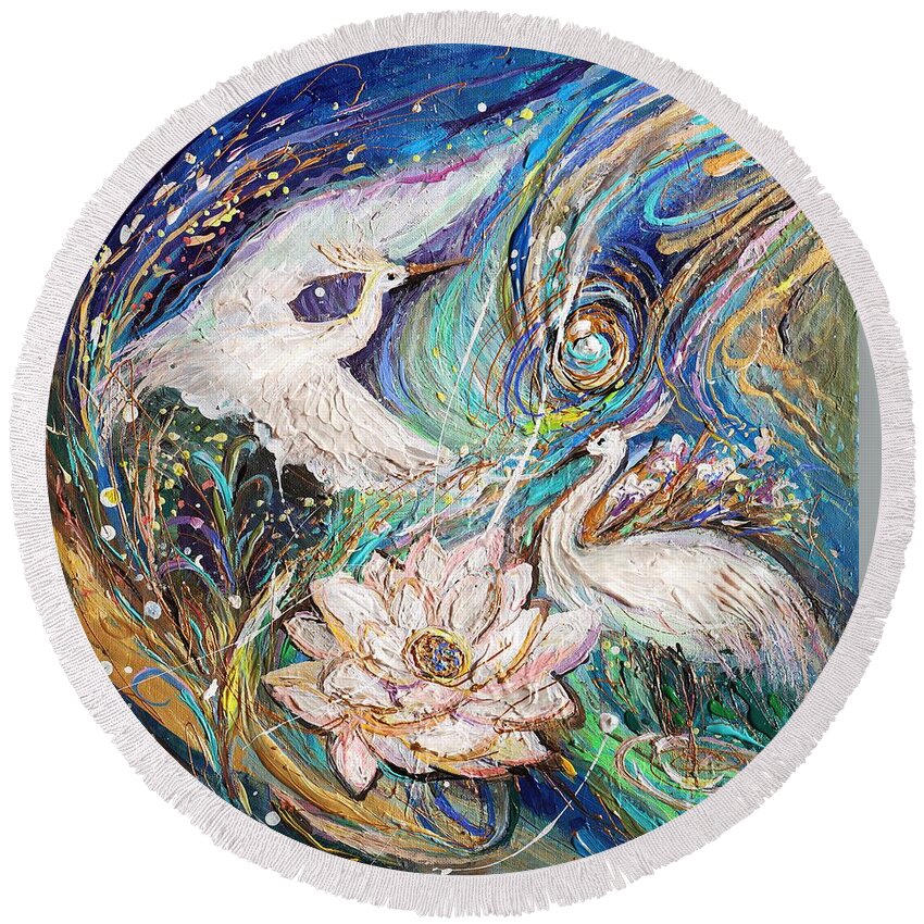 Angel Round Beach Towel featuring the painting Splash of Life series #34. Dance of Herons by Elena Kotliarker